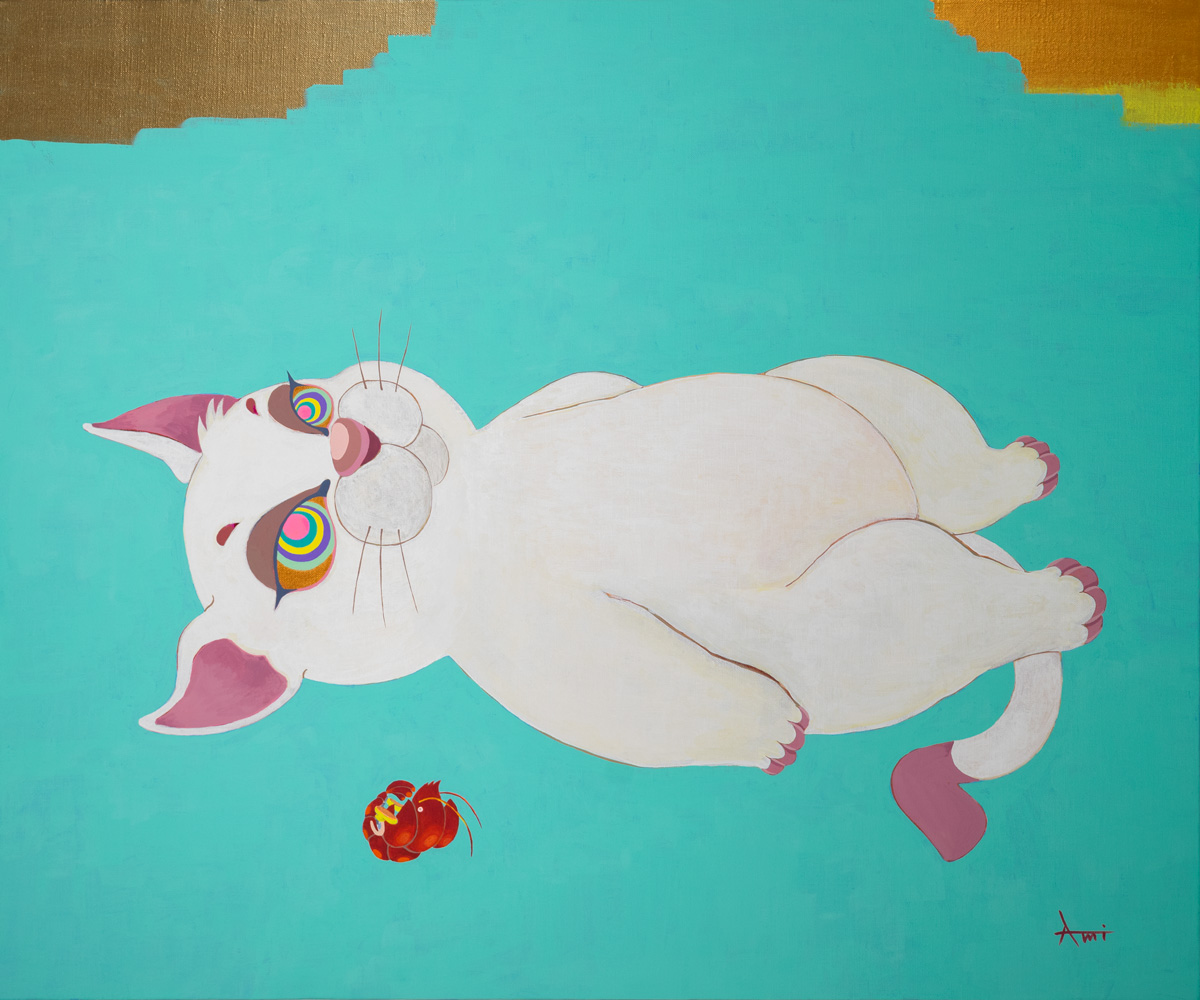 【31】「尾曲がり猫・白（オマガリネコ・シロ）」¥880,000　 2023年/ユニーク/サイン入/額装/F20: H606 x W727 (mm)